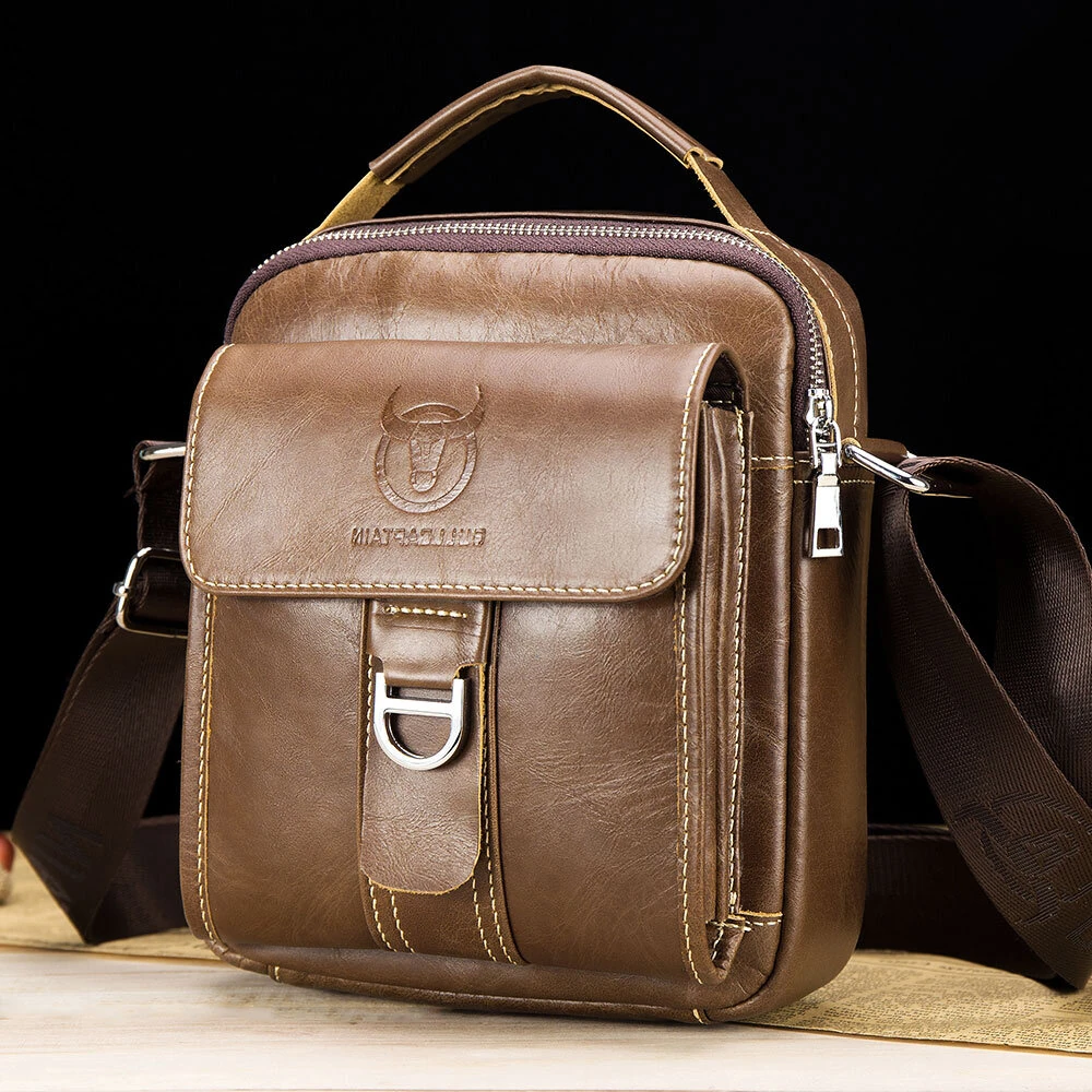 (image for) BULLCAPTAIN Genuine Leather Men's Messenger Bag Casual Crossbody Handbag Gift for Man Business Shoulder Bag